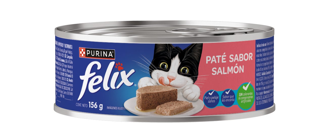 Lata de comida húmeda para gatos adultos Félix Paté sabor salmón, textura suave y completa nutrición.