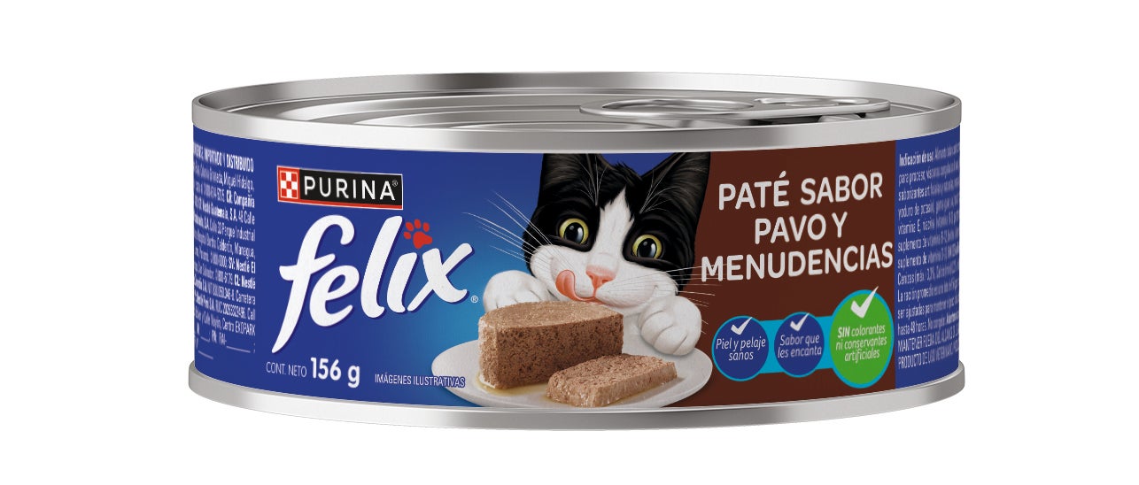 Lata de comida húmeda para gatos adultos Félix Paté sabor pavo y menudencias.