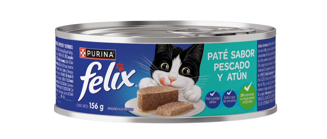 Lata de comida húmeda para gatos adultos Félix Paté sabor pescado y atún, textura suave y completa nutrición.