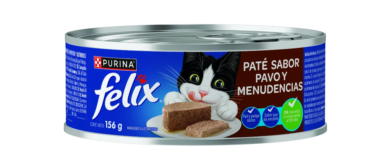 Lata de comida húmeda para gatos adultos Félix Paté sabor pavo y menudencias.